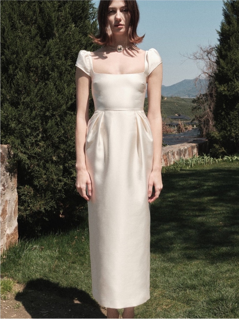 Satin Cream Square-Neck Midi Dress with Puff Cap Sleeves